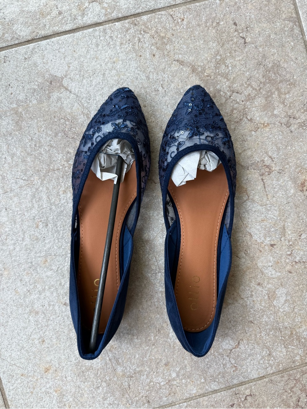 Ollio Navy Lace Pointed-Toe Flat with Beaded Detail